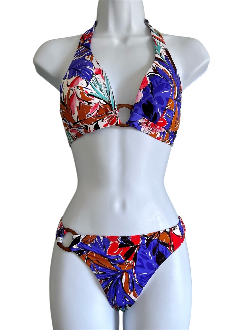 Huit Bra Sized Bikini Set Purple Blue Tropical Swimwear 32C Top S Bottom